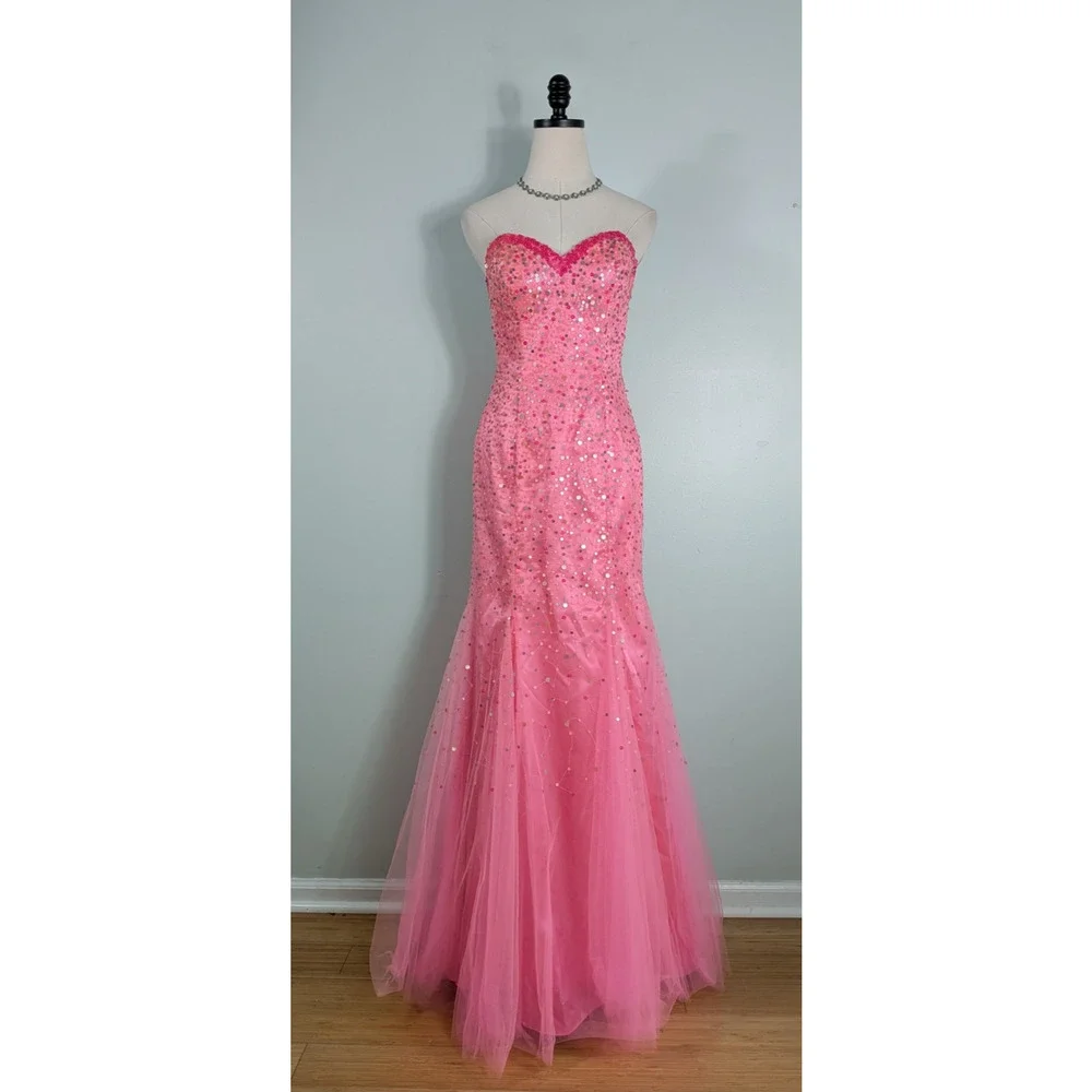 Mermaid Prom Dress Maxi Gown 4 Pink Vintage Y2K Sequin Strapless Coquette Girly - Picture 2 of 11